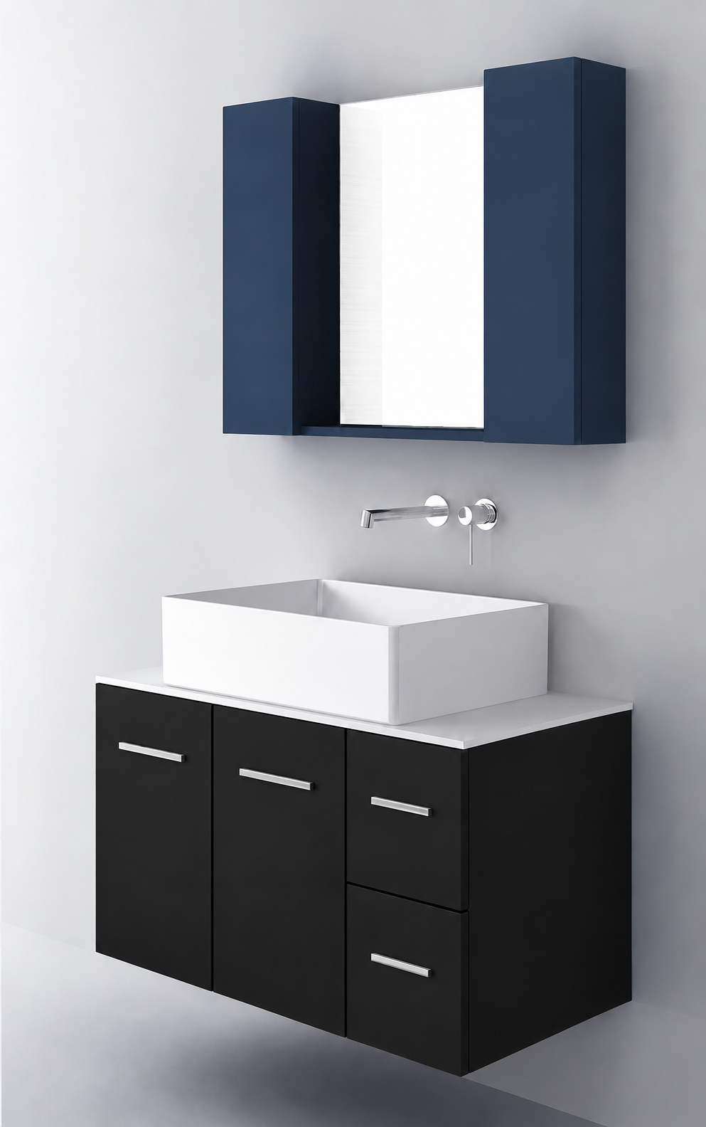Orabella Solid Surface90 - Finish 6090 / White countertop / Two Doors and Two Drawers / Chrome handles
