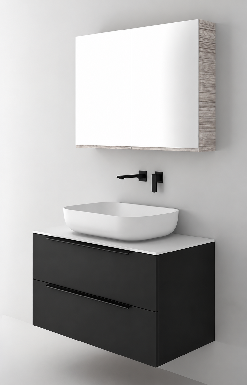 Orabella Solid Surface90 - Matt MDF 6090 / White countertop / Two Drawers / Black handles