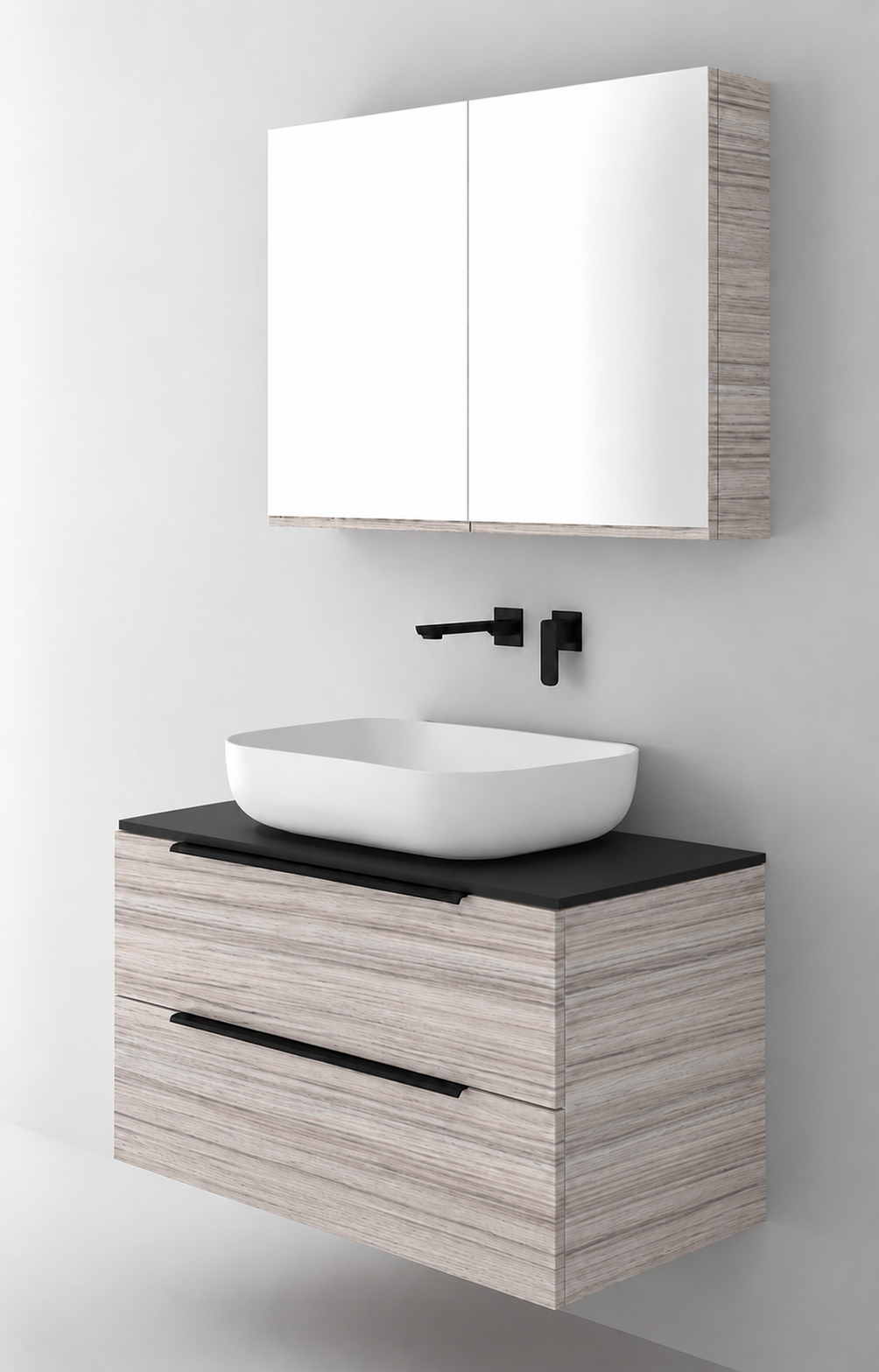 Orabella Solid Surface90 - Laminate 719 / Black countertop / Two Drawers / Black handles