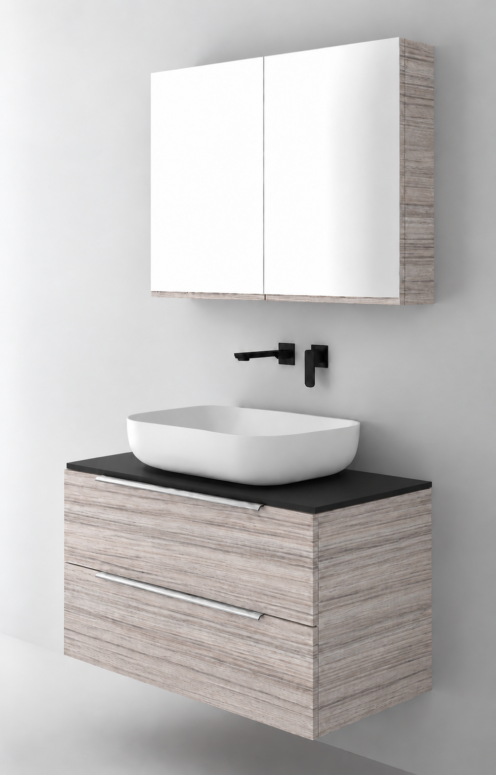 Orabella Solid Surface90 - Laminate 719 / Black countertop / Two Drawers / Chrome handles