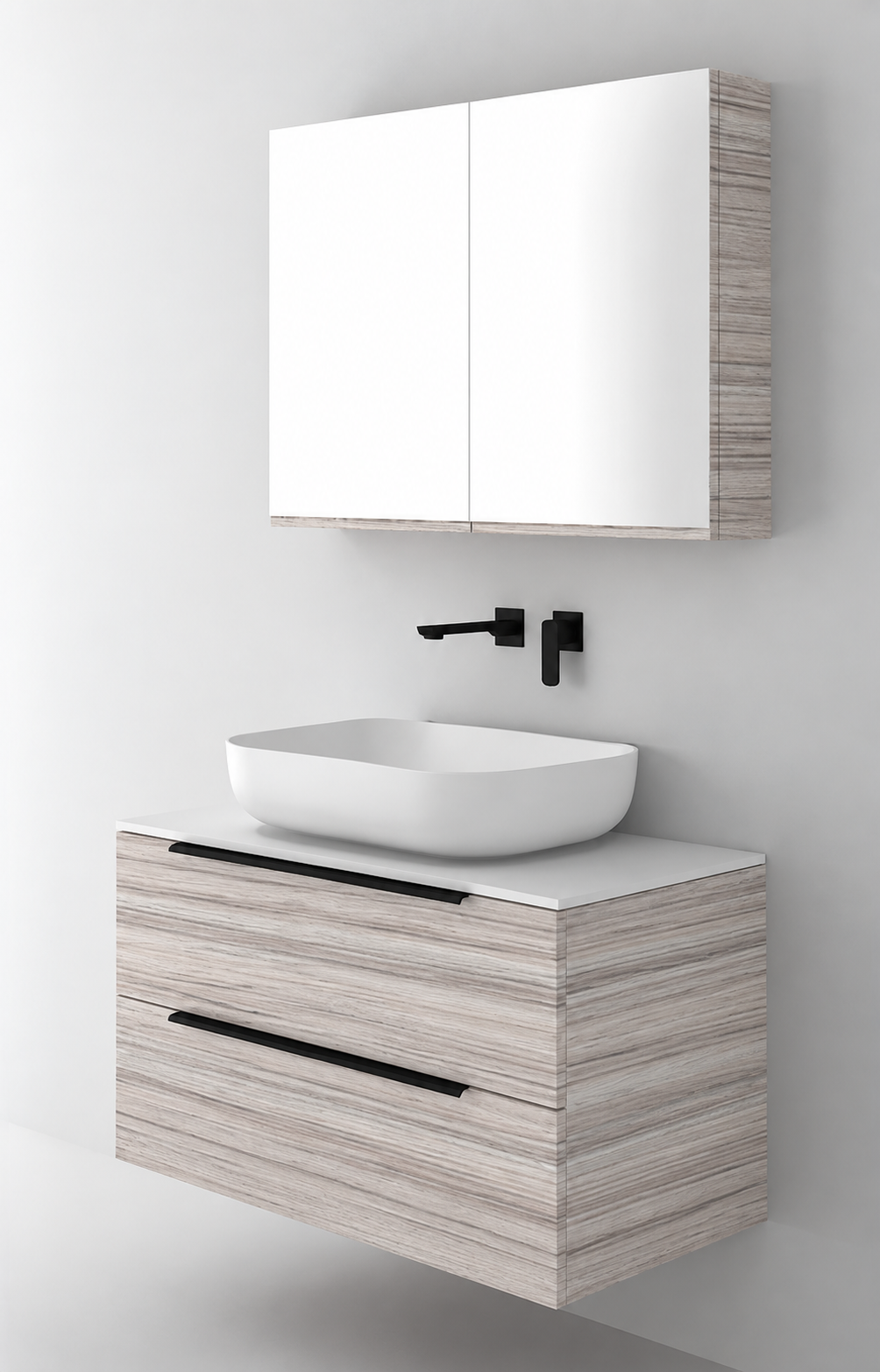 Orabella Solid Surface90 - Laminate 719 / White countertop / Two Drawers / Black handles