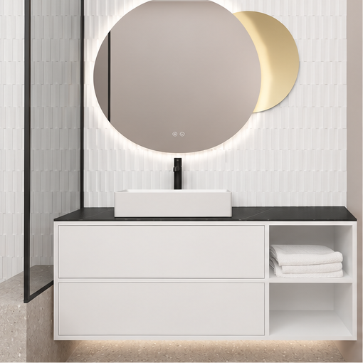 Orabella Double Drawer with shelf 100 / 120 / 140 Wall-Hung Bathroom Vanity - Laminate 101 cabinet / Laminate 101 drawers / Black countertop