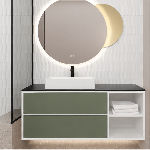 Orabella Double Drawer with shelf 100 / 120 / 140 Wall-Hung Bathroom Vanity - Laminate 101 cabinet / Laminate 162 drawers / Black countertop