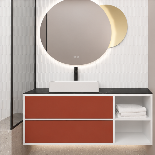 Orabella Double Drawer with shelf 100 / 120 / 140 Wall-Hung Bathroom Vanity - Laminate 101 cabinet / Laminate 165 drawers / Black countertop