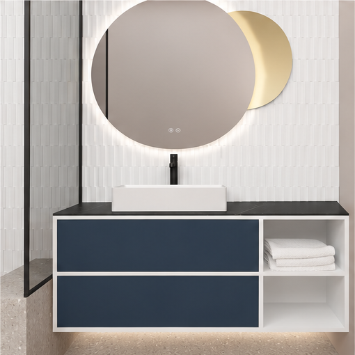 Orabella Double Drawer with shelf 100 / 120 / 140 Wall-Hung Bathroom Vanity - Laminate 101 cabinet / Laminate 167 drawers / Black countertop