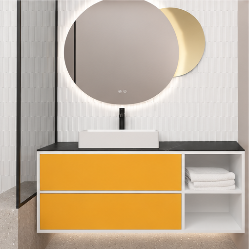 Orabella Double Drawer with shelf 100 / 120 / 140 Wall-Hung Bathroom Vanity - Laminate 101 cabinet / Laminate 168 drawers / Black countertop