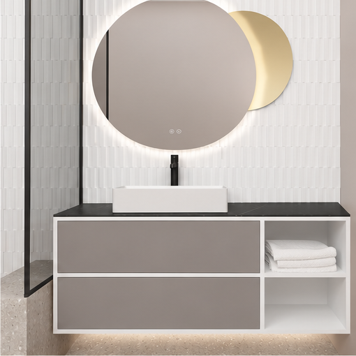 Orabella Double Drawer with shelf 100 / 120 / 140 Wall-Hung Bathroom Vanity - Laminate 101 cabinet / Laminate 194 drawers / Black countertop