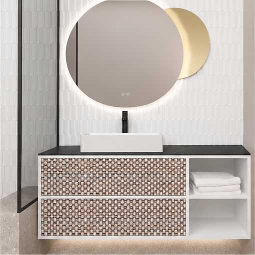 Orabella Double Drawer with shelf 100 / 120 / 140 Wall-Hung Bathroom Vanity - Laminate 101 cabinet / Laminate 245 drawers / Black countertop