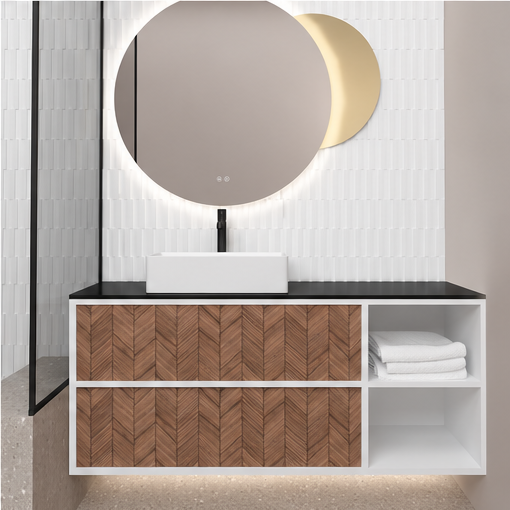 Orabella Double Drawer with shelf 100 / 120 / 140 Wall-Hung Bathroom Vanity - Laminate 101 cabinet / Laminate 270 drawers / Black countertop