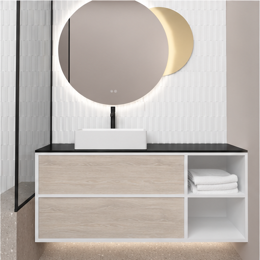 Orabella Double Drawer with shelf 100 / 120 / 140 Wall-Hung Bathroom Vanity - Laminate 101 cabinet / Laminate 326 drawers / Black countertop