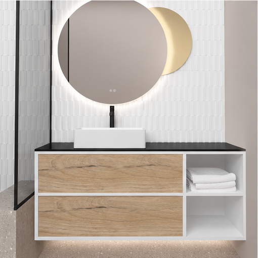 Orabella Double Drawer with shelf 100 / 120 / 140 Wall-Hung Bathroom Vanity - Laminate 101 cabinet / Laminate 331 drawers / Black countertop