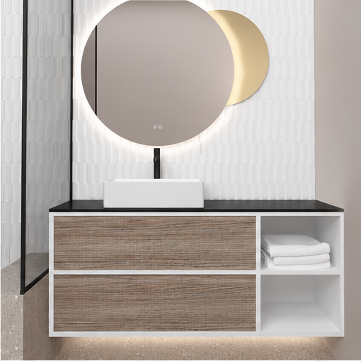 Orabella Double Drawer with shelf 100 / 120 / 140 Wall-Hung Bathroom Vanity - Laminate 101 cabinet / Laminate 390 drawers / Black countertop