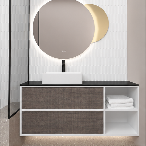 Orabella Double Drawer with shelf 100 / 120 / 140 Wall-Hung Bathroom Vanity - Laminate 101 cabinet / Laminate 399 drawers / Black countertop