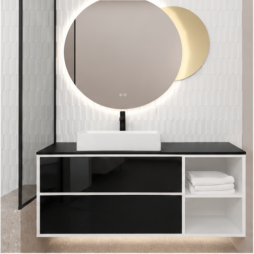 Orabella Double Drawer with shelf 100 / 120 / 140 Wall-Hung Bathroom Vanity - Laminate 101 cabinet / Acrylic MDF 6040 drawers / Black countertop