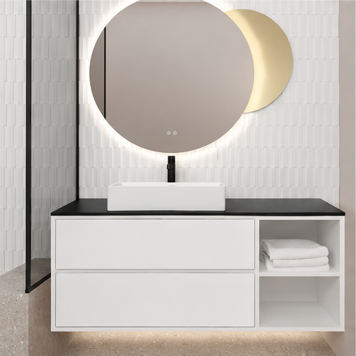 Orabella Double Drawer with shelf 100 / 120 / 140 Wall-Hung Bathroom Vanity - Laminate 101 cabinet / Matt MDF 6080 drawers / Black countertop