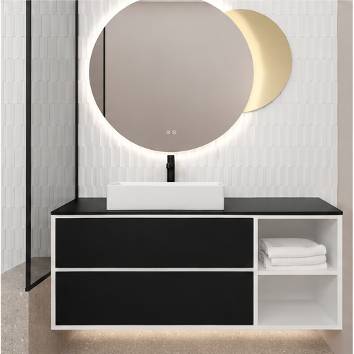 Orabella Double Drawer with shelf 100 / 120 / 140 Wall-Hung Bathroom Vanity - Laminate 101 cabinet / Matt MDF 6090 drawers / Black countertop