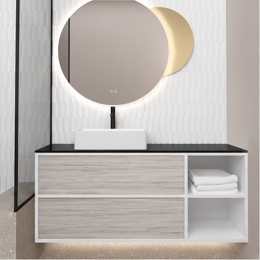 Orabella Double Drawer with shelf 100 / 120 / 140 Wall-Hung Bathroom Vanity - Laminate 101 cabinet / Laminate 719 drawers / Black countertop