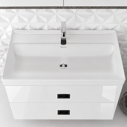 Orabella Mood / Amabile / Touch 80 Wall-Hung Bathroom Vanity - Acrylic MDF 6010 / Two Drawers / Black handles