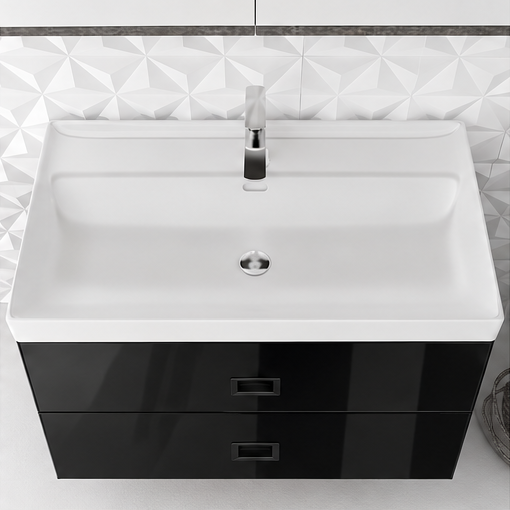 Orabella Mood / Amabile / Touch 80 Wall-Hung Bathroom Vanity - Acrylic MDF 6040 / Two Drawers / Black handles