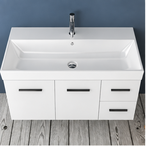 Orabella Mood / Amabile / Touch 100 Wall-Hung Bathroom Vanity - Laminate 101 / Four Drawers / Black handles