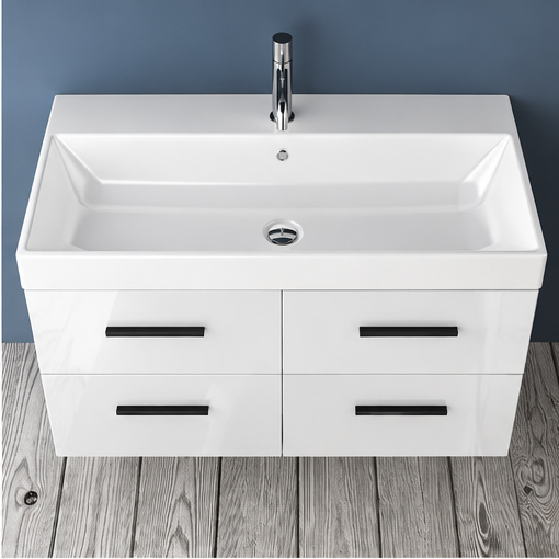 Orabella Mood / Amabile / Touch 100 Wall-Hung Bathroom Vanity - Acrylic MDF 6010 / Four Drawers / Black handles