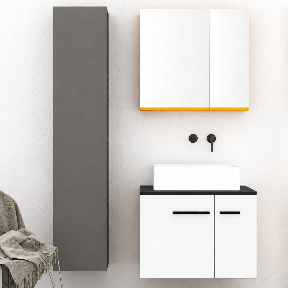 Orabella Solid Surface70 - Finish 101 / Black countertop / Two Doors / Black handles