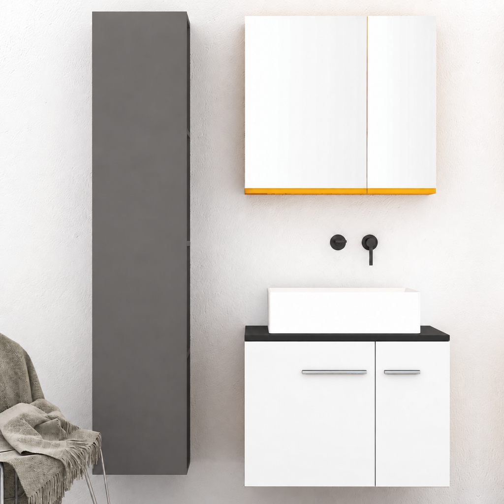 Orabella Solid Surface70 - Finish 101 / Black countertop / Two Doors / Chrome handles