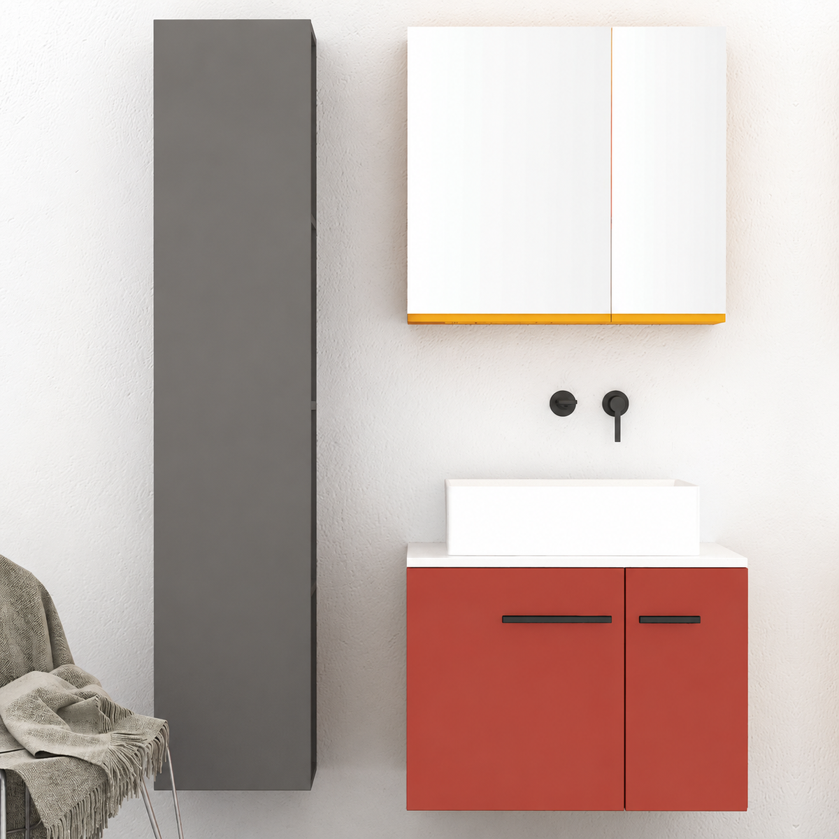 Orabella Solid Surface70 - Finish 165 / White countertop / Two Doors / Black handles