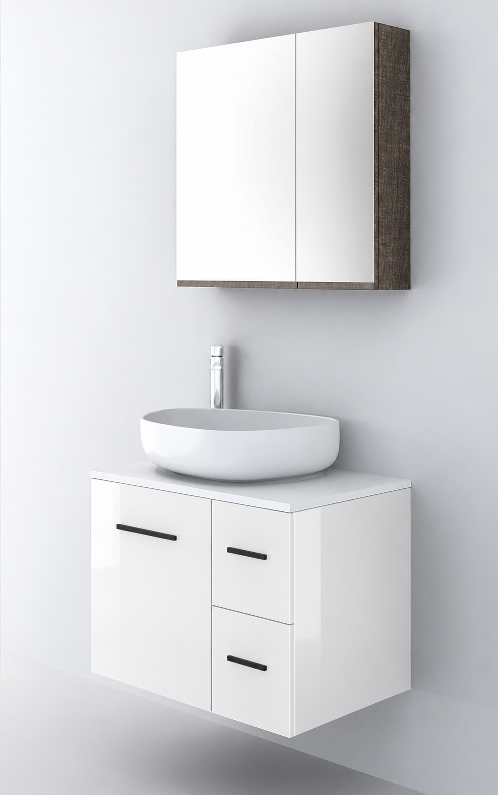 Orabella Solid Surface70 - Finish 6010 / White countertop / Two Drawers / Black handles