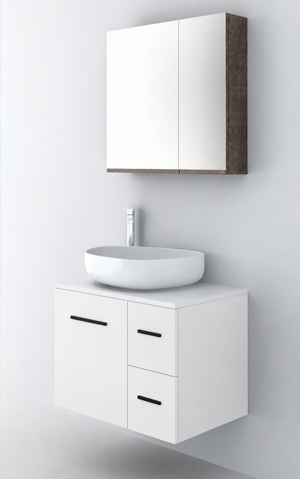 Orabella Solid Surface70 - Finish 6080 / White countertop / Two Drawers / Black handles