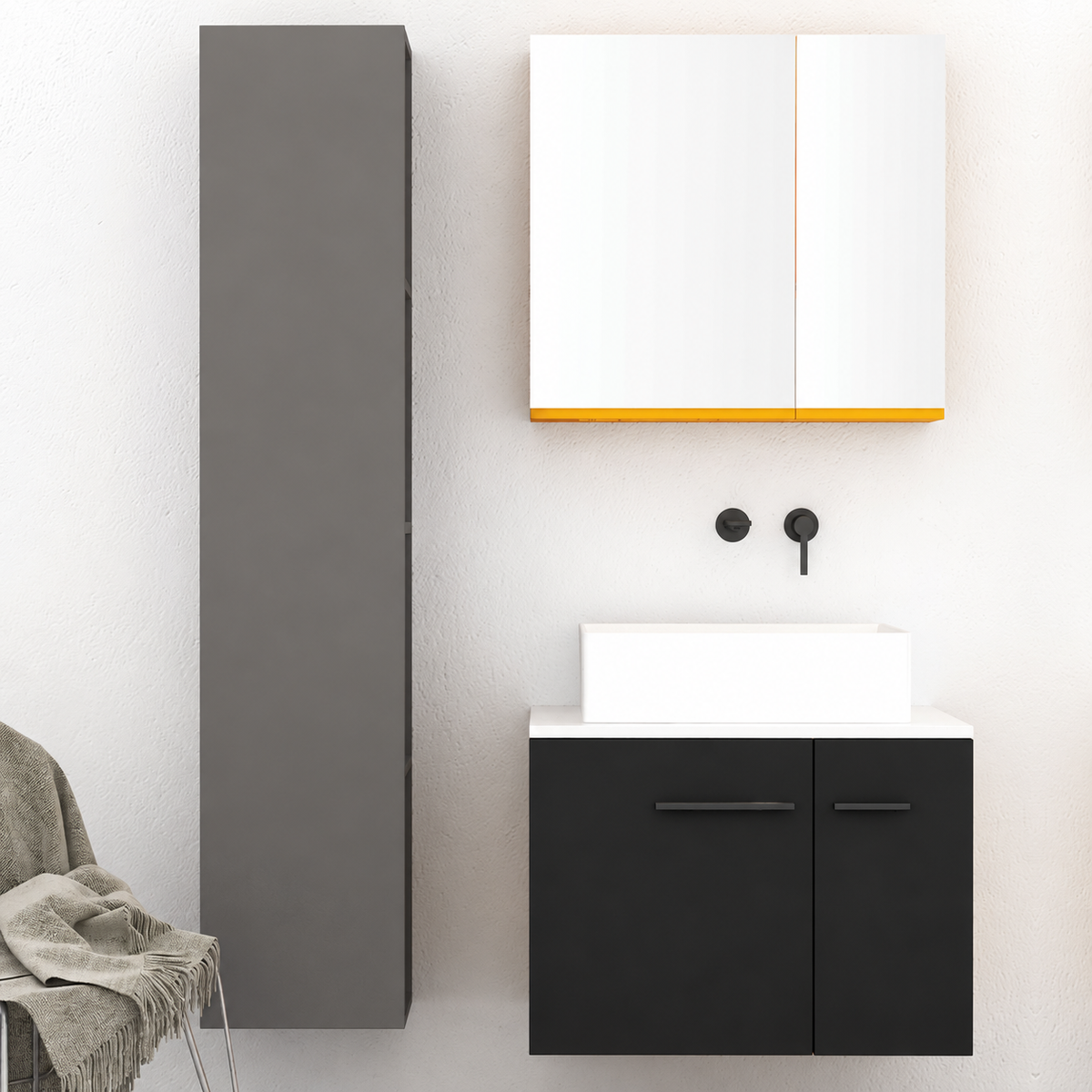 Orabella Solid Surface70 - Finish 6090 / White countertop / Two Doors / Black handles