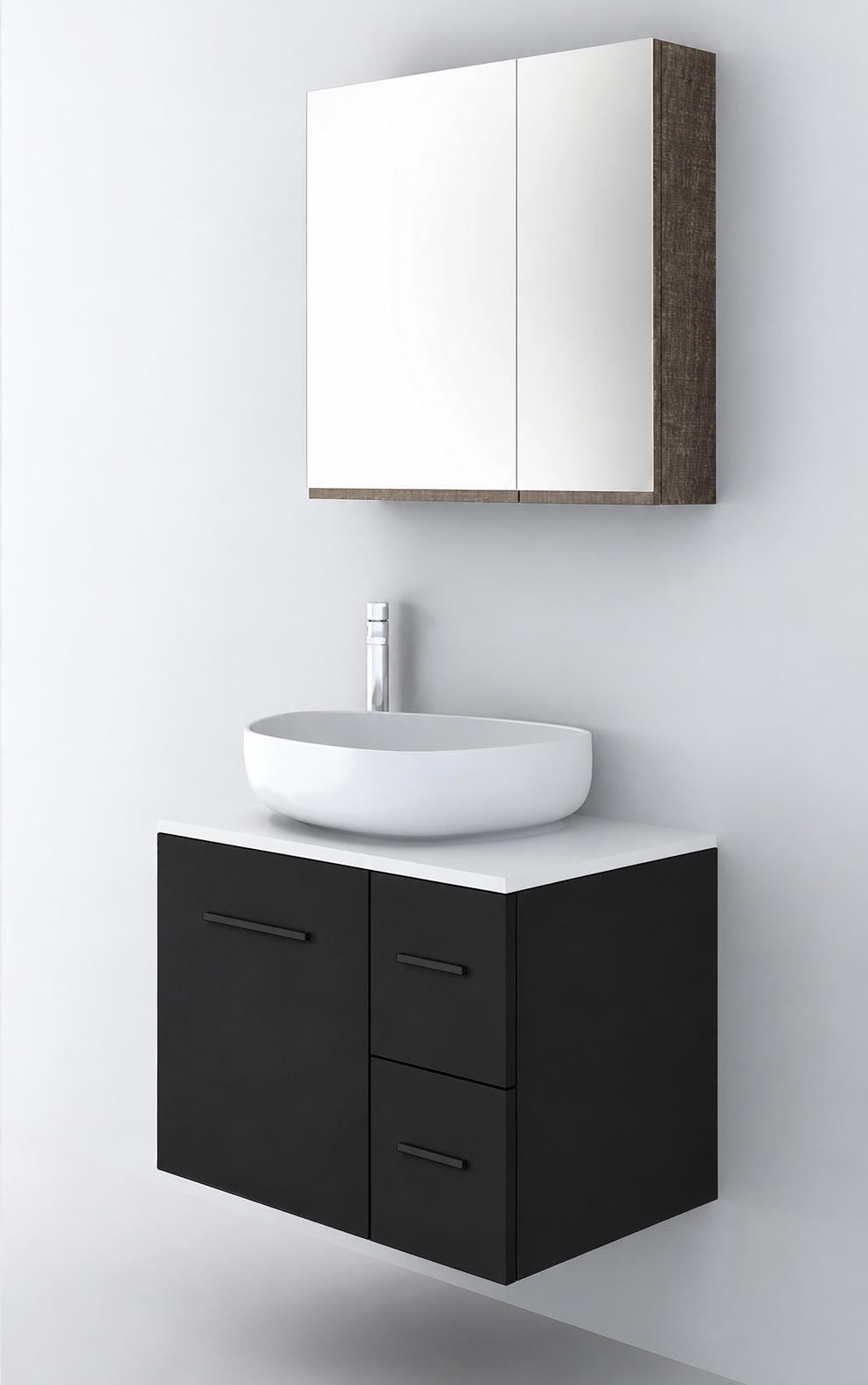 Orabella Solid Surface70 - Finish 6090 / White countertop / Two Drawers / Black handles