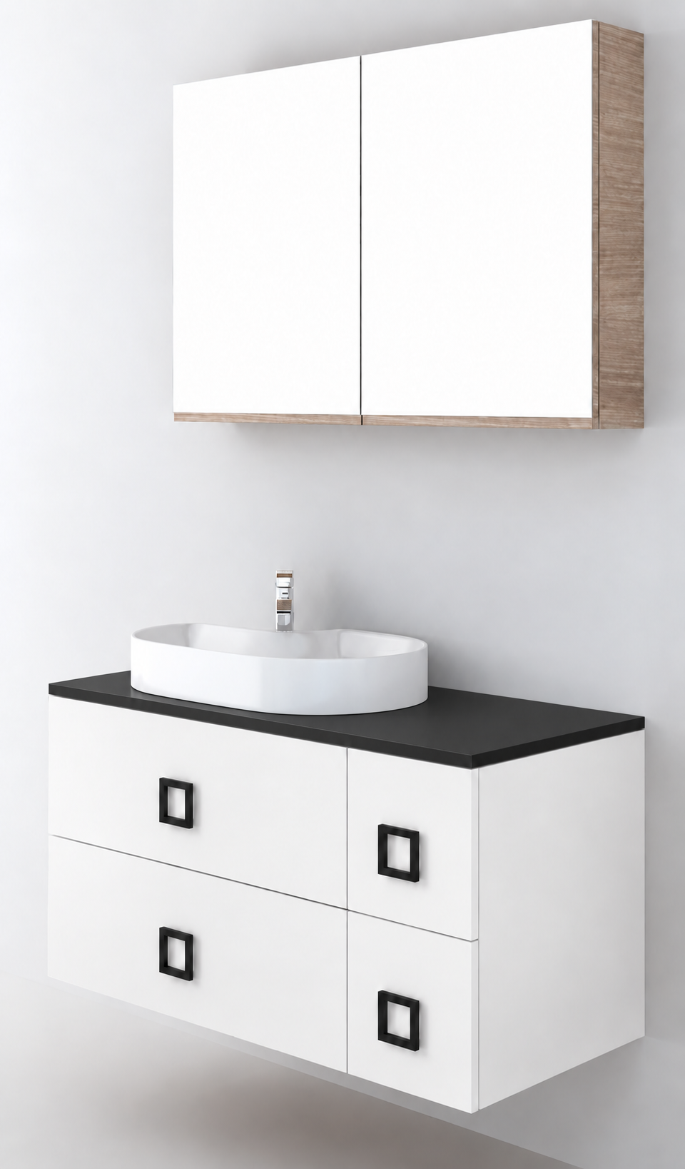 Orabella Solid Surface100 - Finish 101 / Black countertop / Four Drawers / Black handles
