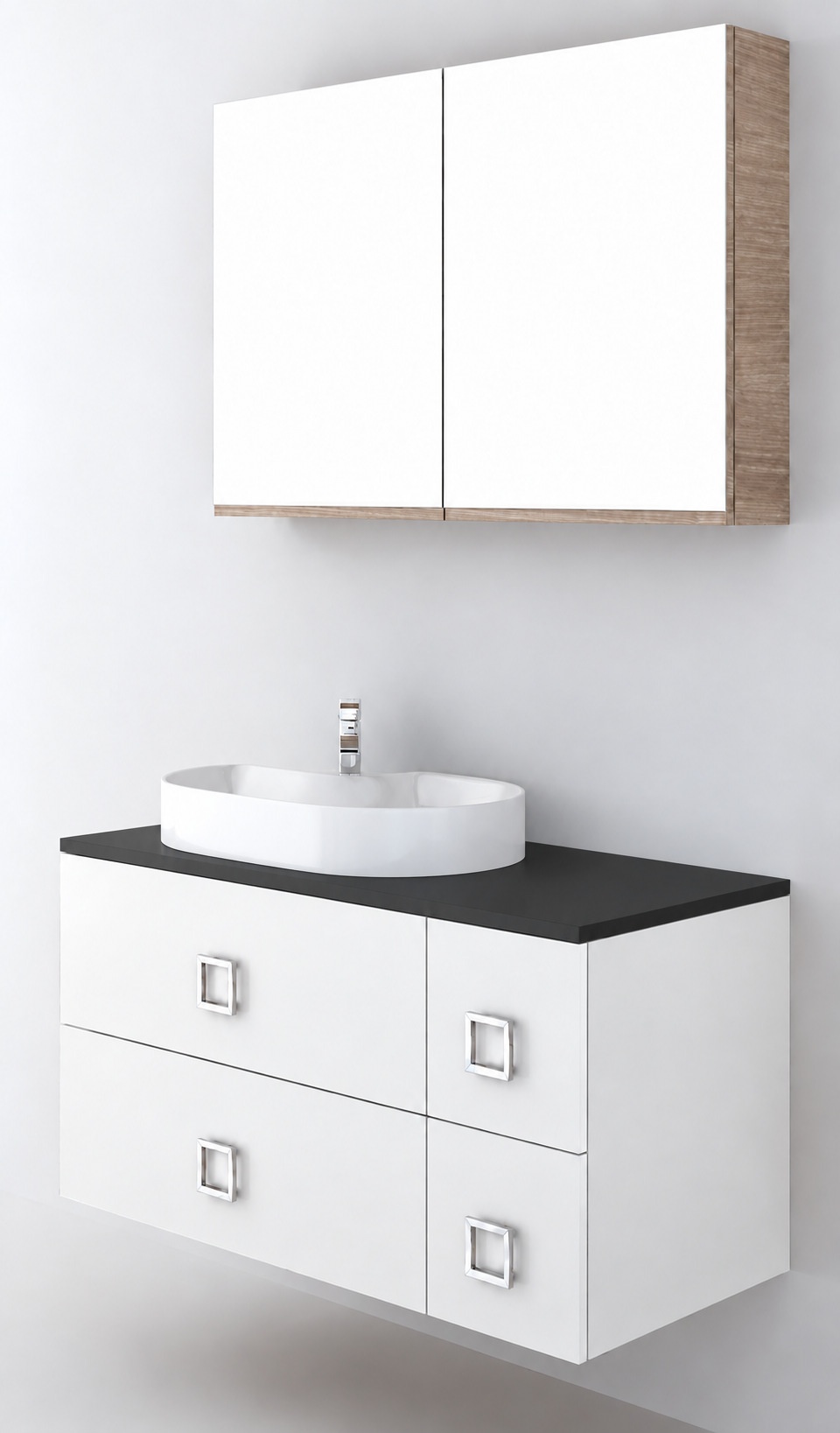 Orabella Solid Surface100 - Finish 101 / Black countertop / Four Drawers / Chrome handles