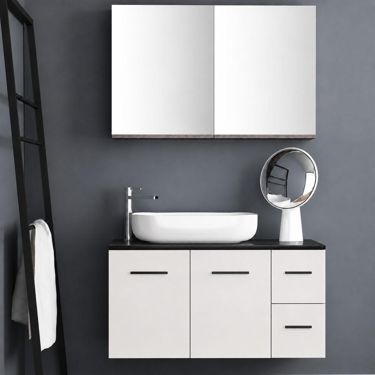 Orabella Solid Surface100 - Finish 101 / Black countertop / Two Doors and Two Drawers / Black handles