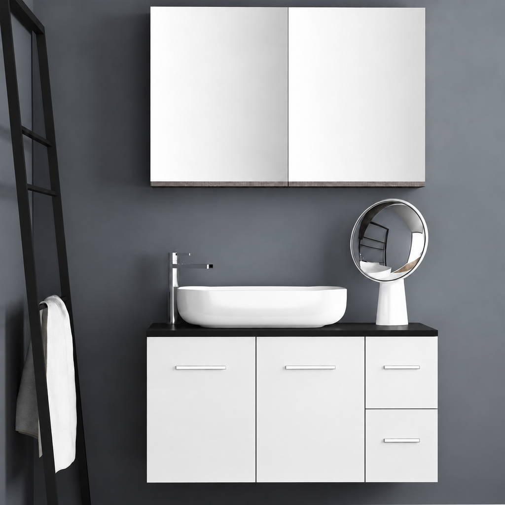 Orabella Solid Surface100 - Finish 101 / Black countertop / Two Doors and Two Drawers / Chrome handles