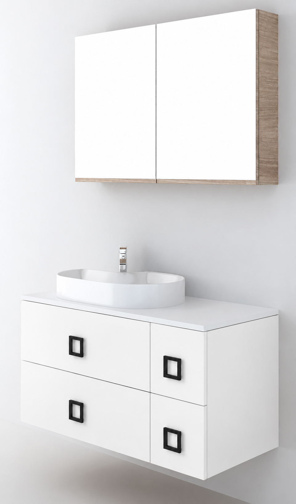 Orabella Solid Surface100 - Finish 101 / White countertop / Four Drawers / Black handles