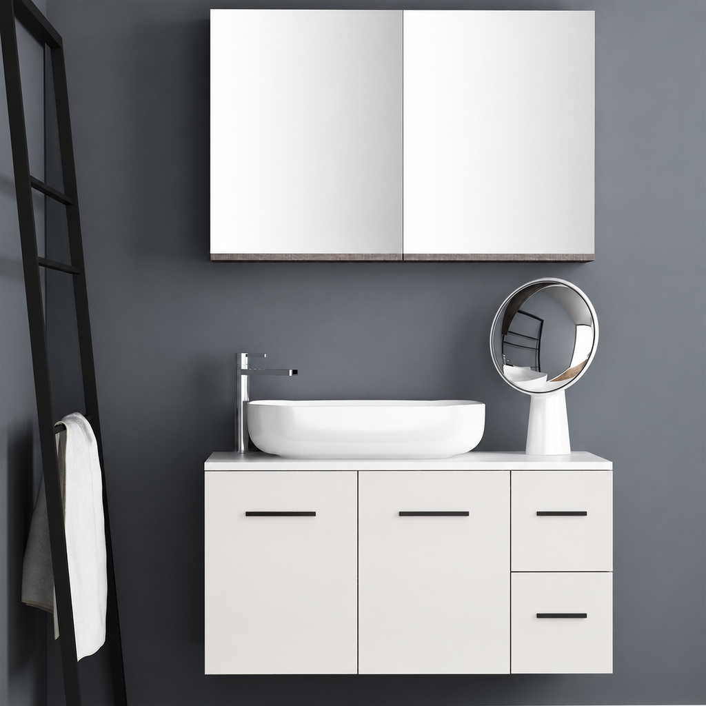 Orabella Solid Surface100 - Finish 101 / White countertop / Two Doors and Two Drawers / Black handles