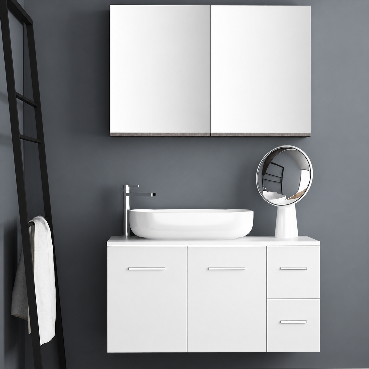 Orabella Solid Surface100 - Finish 101 / White countertop / Two Doors and Two Drawers / Chrome handles