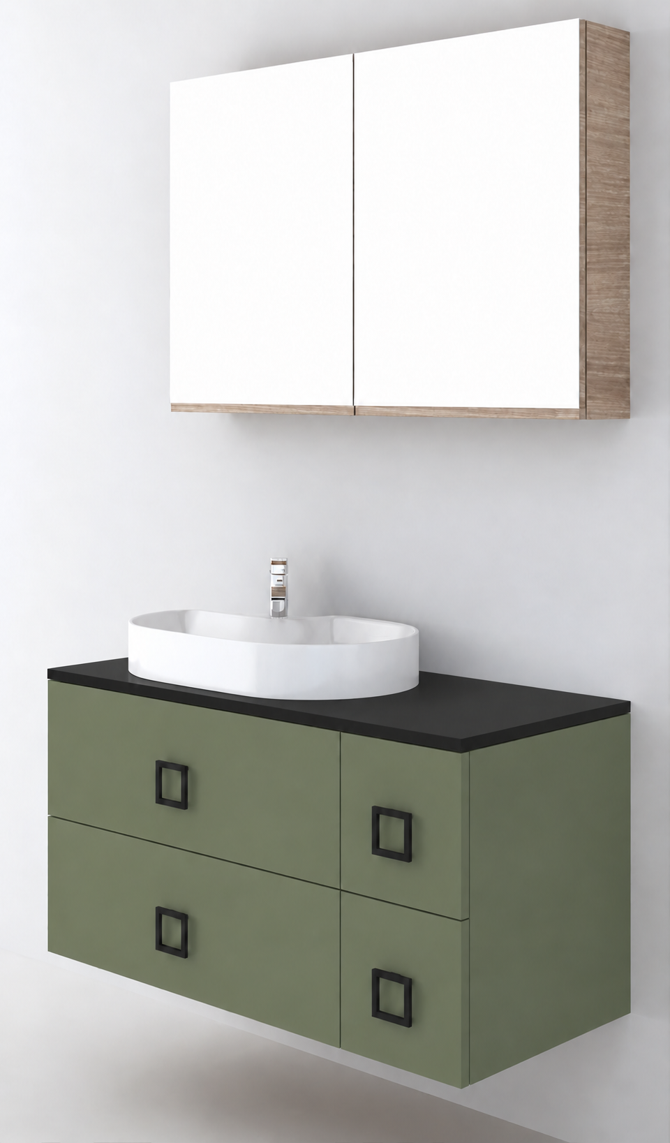 Orabella Solid Surface100 - Finish 162 / Black countertop / Four Drawers / Black handles