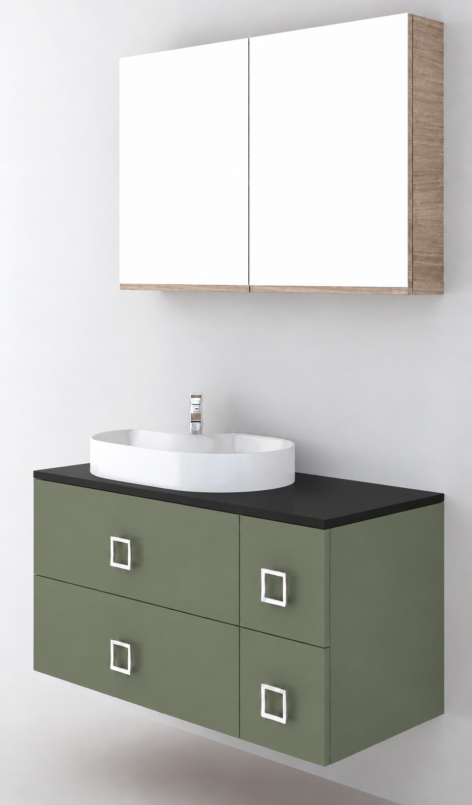 Orabella Solid Surface100 - Finish 162 / Black countertop / Four Drawers / Chrome handles