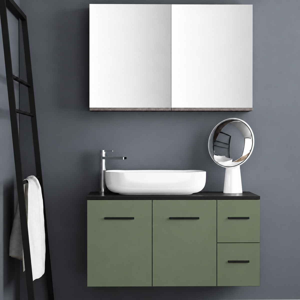 Orabella Solid Surface100 - Finish 162 / Black countertop / Two Doors and Two Drawers / Black handles