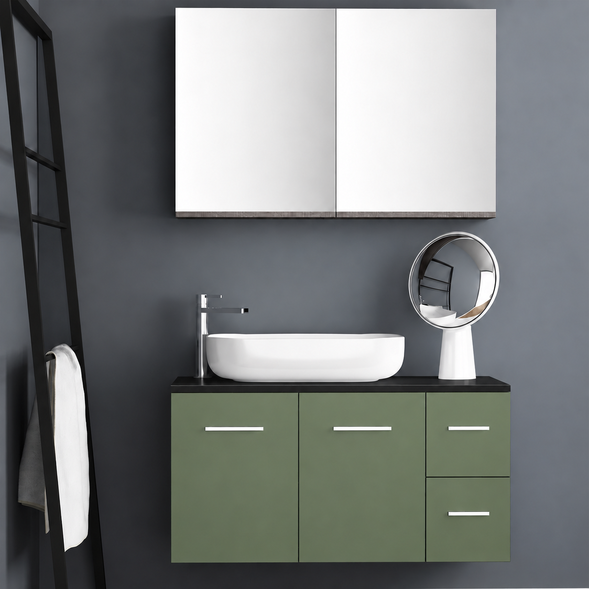 Orabella Solid Surface100 - Finish 162 / Black countertop / Two Doors and Two Drawers / Chrome handles