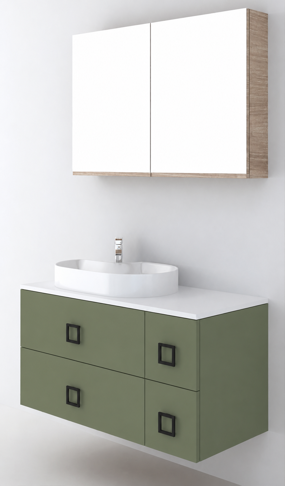 Orabella Solid Surface100 - Finish 162 / White countertop / Four Drawers / Black handles