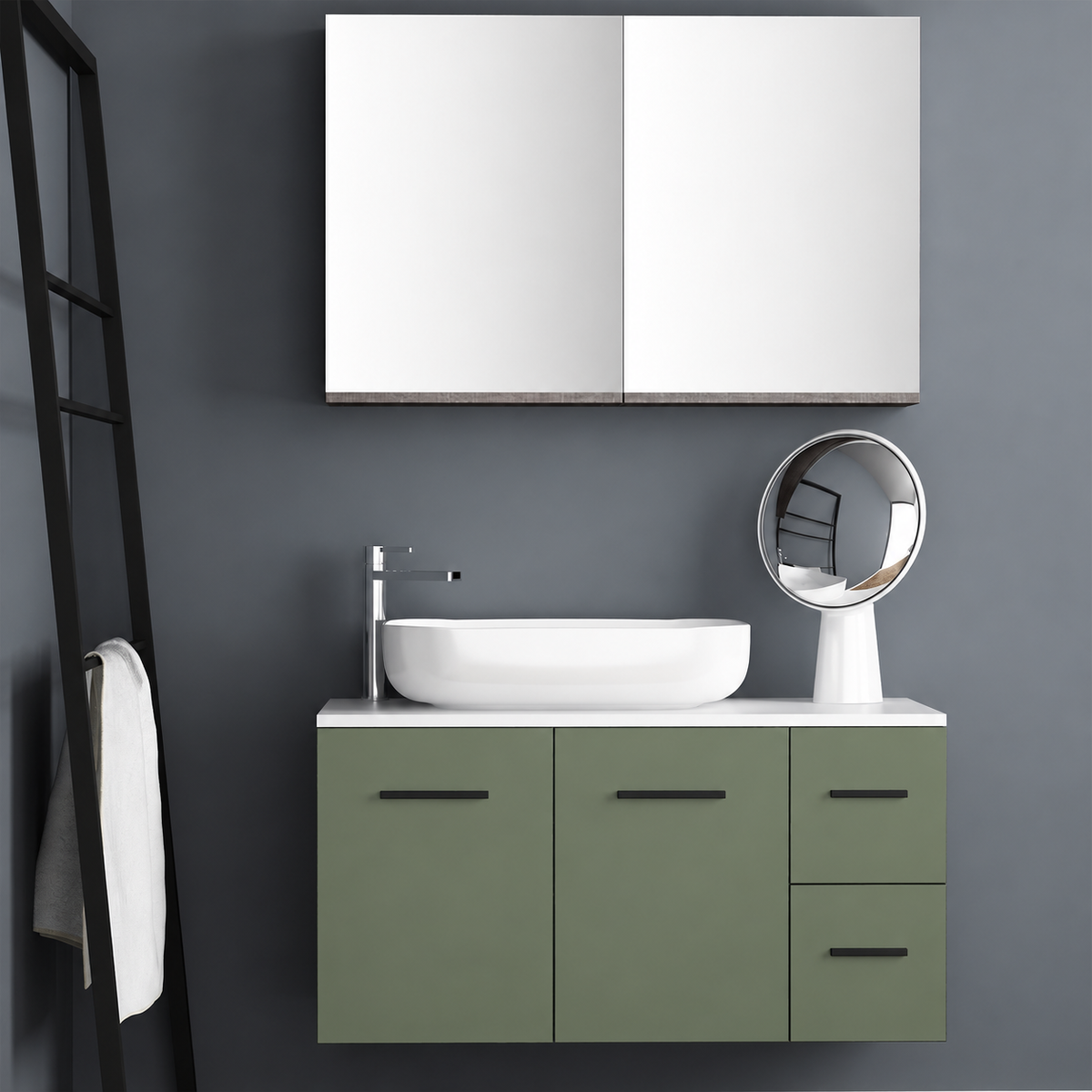 Orabella Solid Surface100 - Finish 162 / White countertop / Two Doors and Two Drawers / Black handles