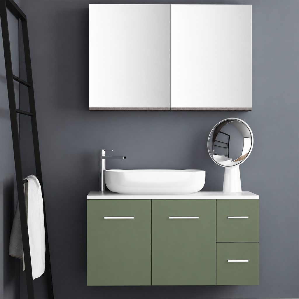 Orabella Solid Surface100 - Finish 162 / White countertop / Two Doors and Two Drawers / Chrome handles