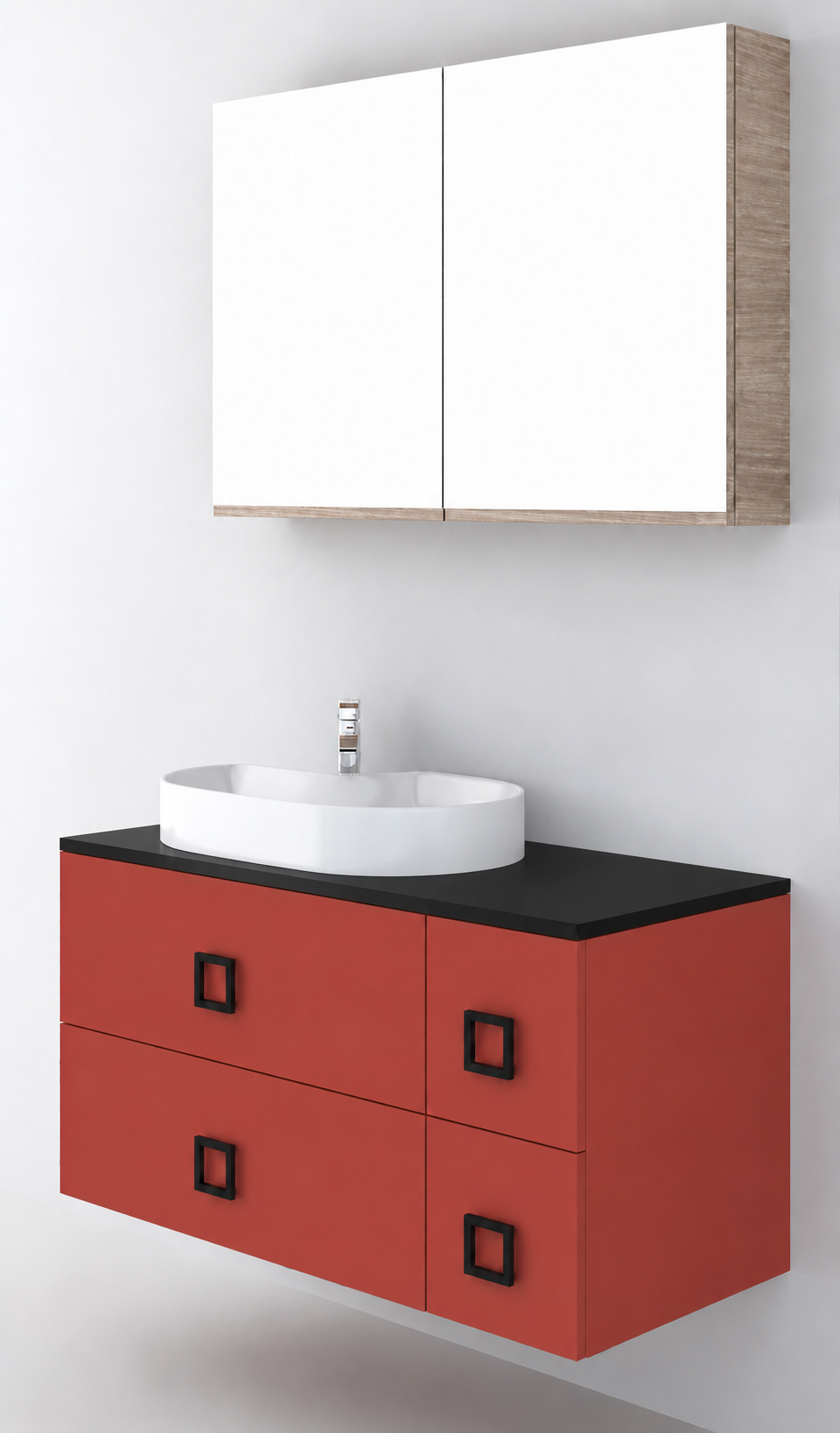 Orabella Solid Surface100 - Finish 165 / Black countertop / Four Drawers / Black handles