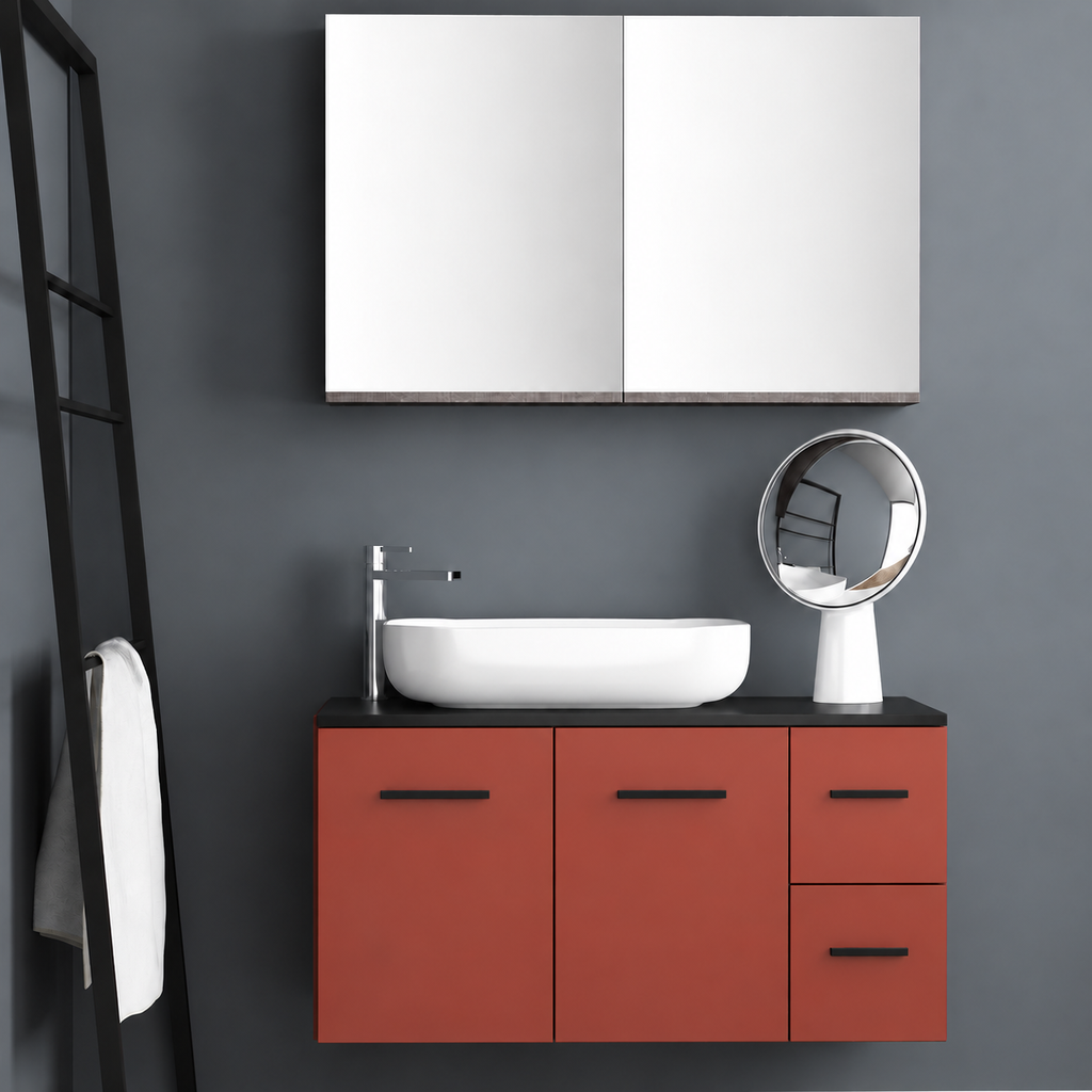 Orabella Solid Surface100 - Finish 165 / Black countertop / Two Doors and Two Drawers / Black handles