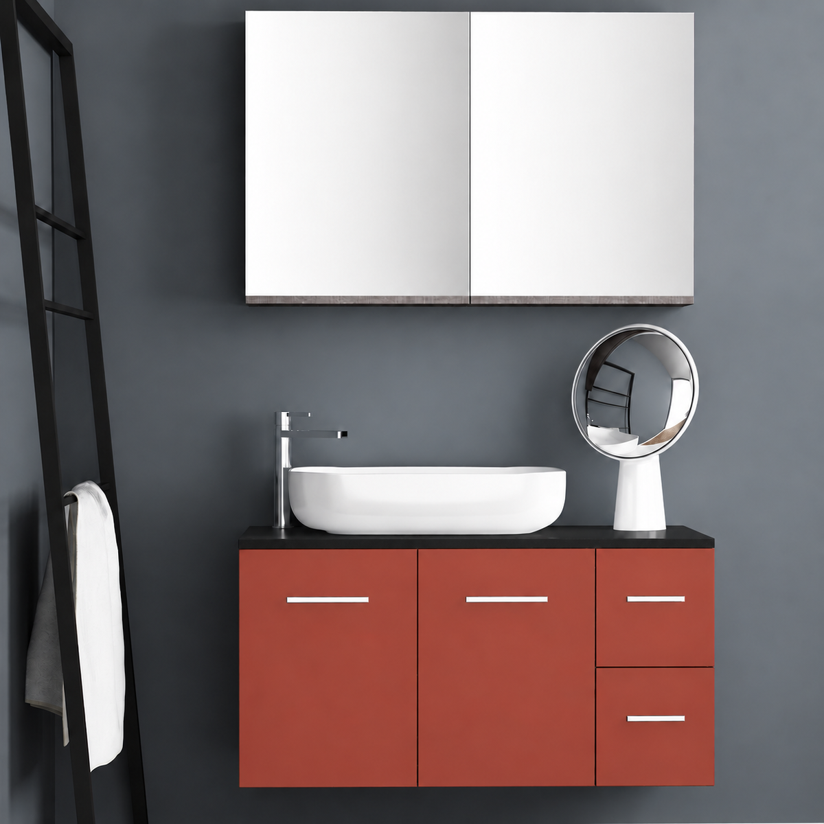 Orabella Solid Surface100 - Finish 165 / Black countertop / Two Doors and Two Drawers / Chrome handles
