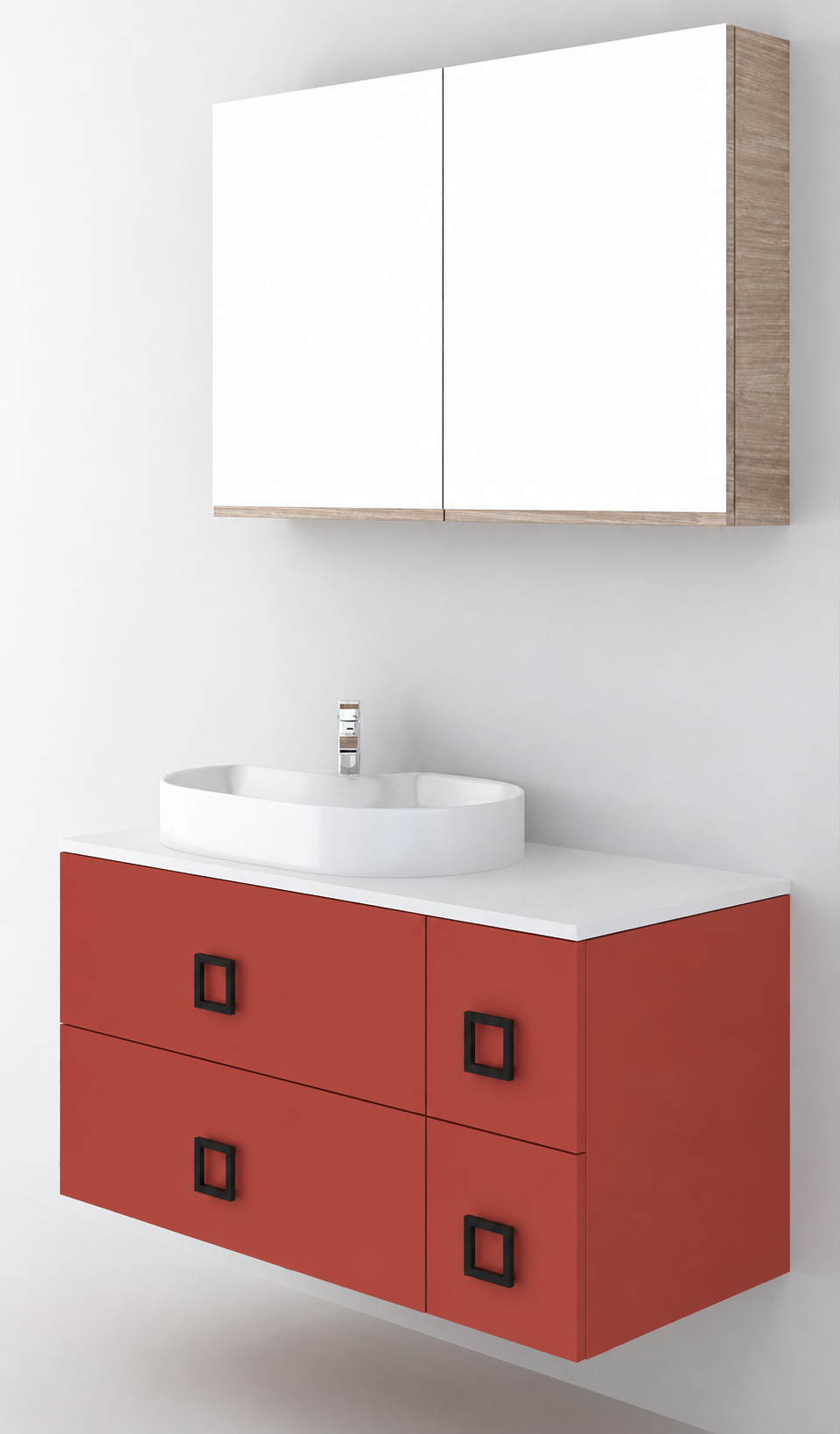Orabella Solid Surface100 - Finish 165 / White countertop / Four Drawers / Black handles